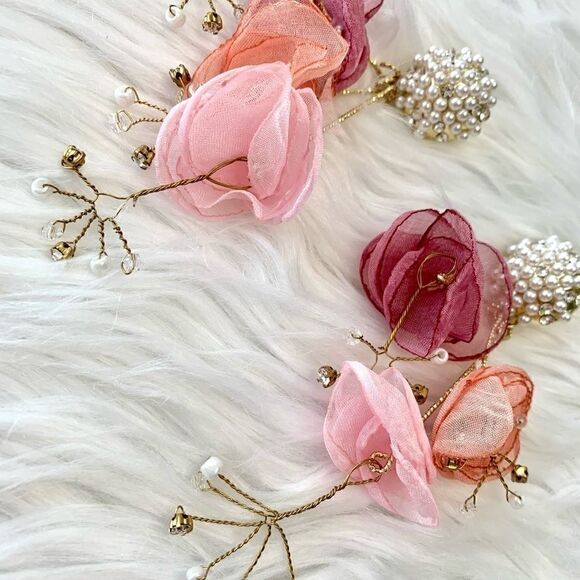 New mesh flower and pearl earrings(Silver Needle) - Picture 5 of 14